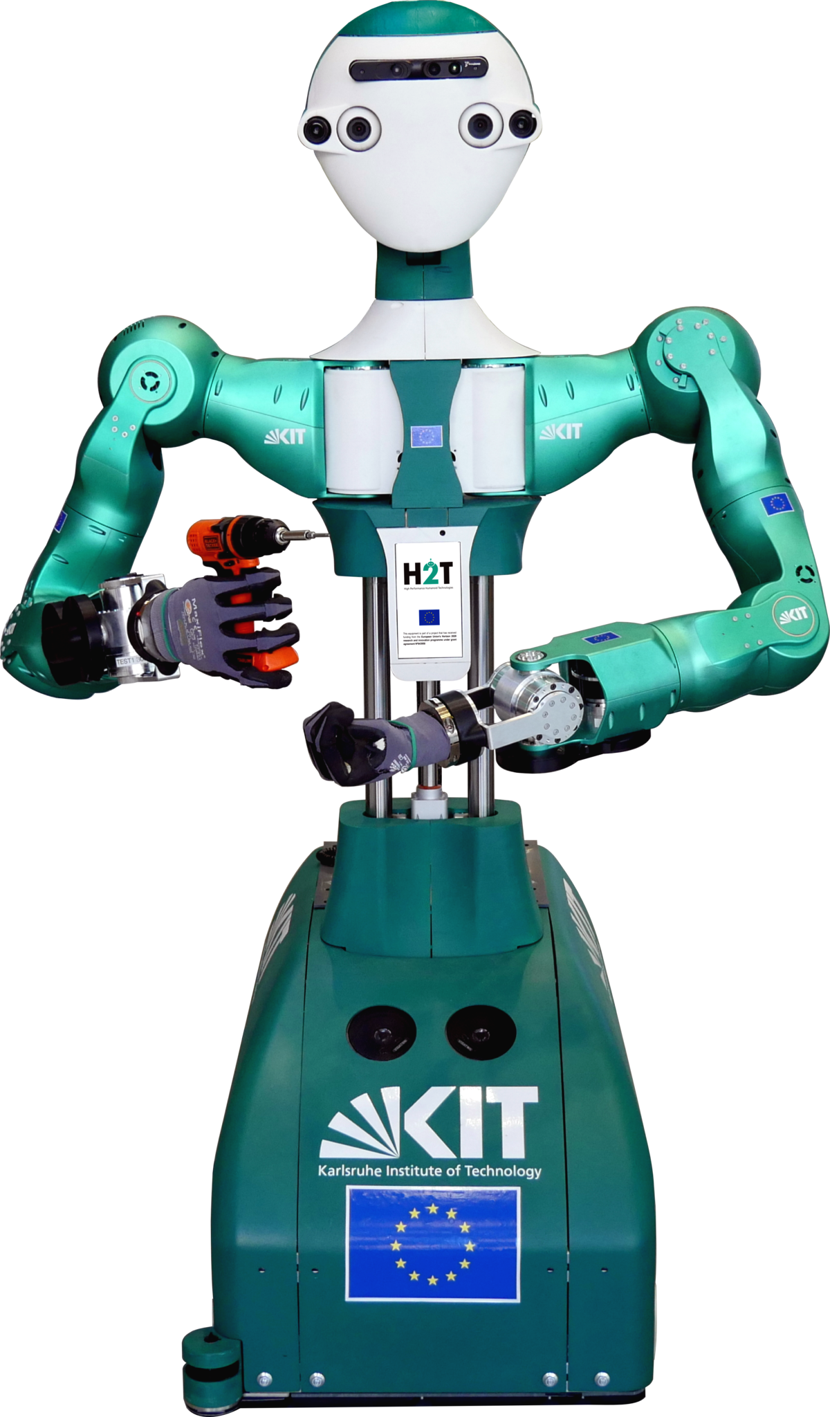 KIT H2T ARMAR-6 wheeled humanoid robot holding a power drill, front view, vendor product photo