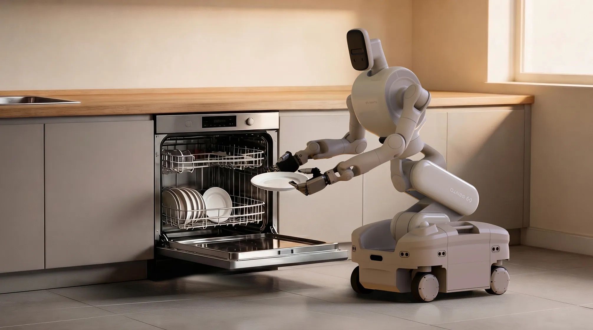 Gento Robotics Gento Luna wheeled humanoid robot loading a dishwasher, side view, vendor render