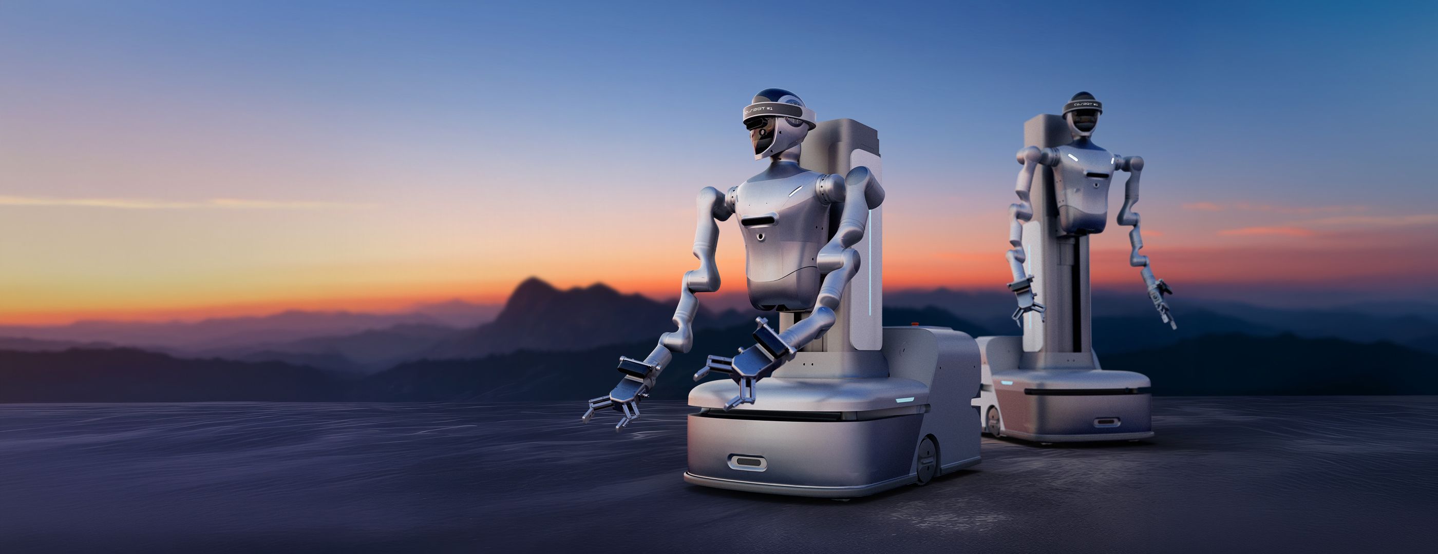 CASBOT W1 wheeled dual-arm robot with lift column, front three-quarter view, vendor render