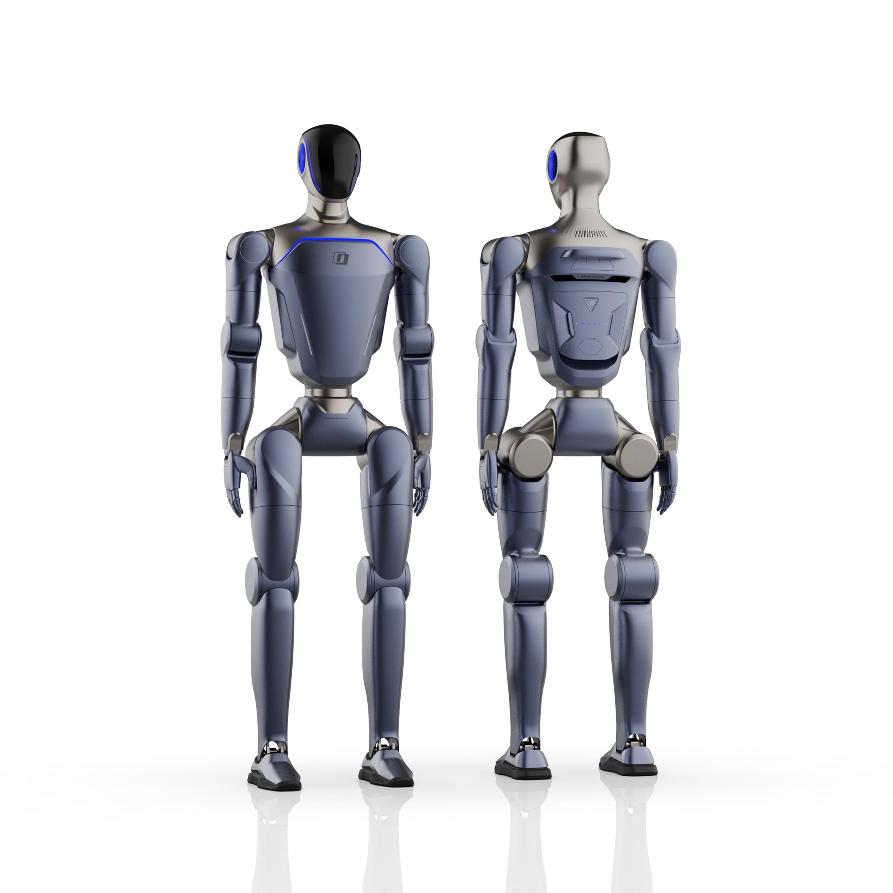 Galaxea Kengo humanoid robot standing, front and rear views, blue finish, vendor render