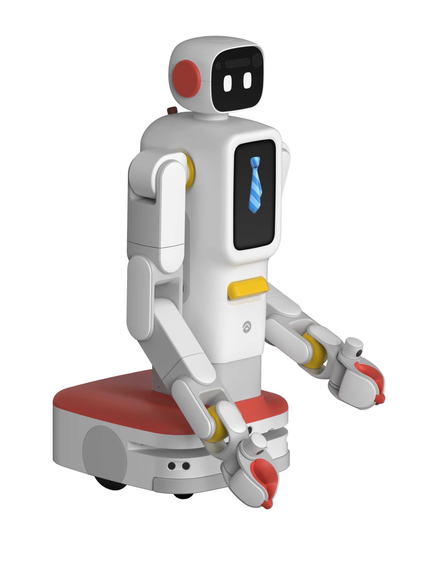 Futuring F2 two-arm robot on a wheeled base, front three-quarter view, vendor render