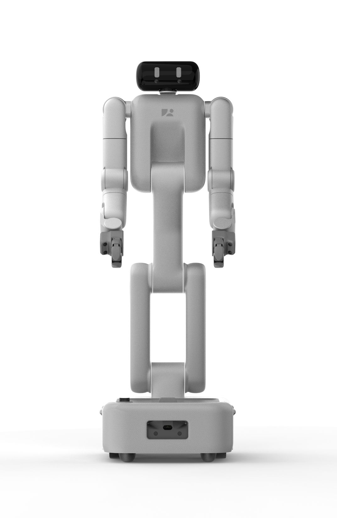 Knowin Knowin-X1 foldable dual-arm robot standing upright on wheeled base, front view, vendor render