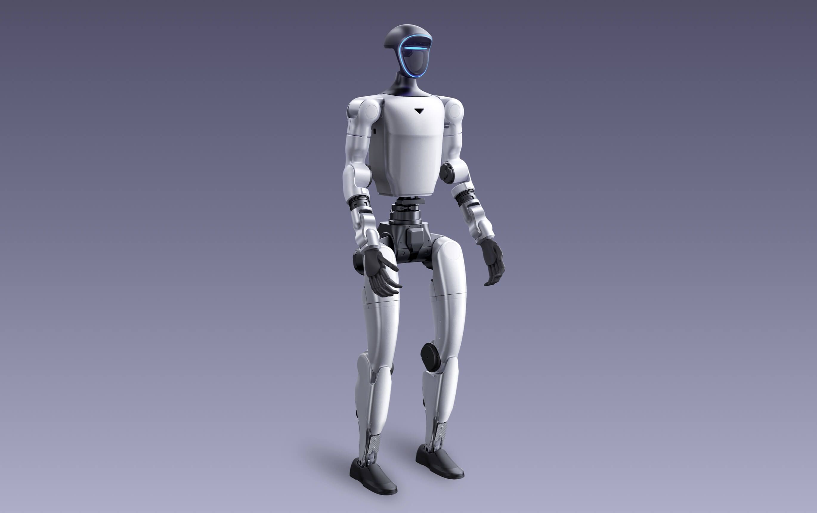 Unitree G1 humanoid robot standing, three-quarter view, vendor render
