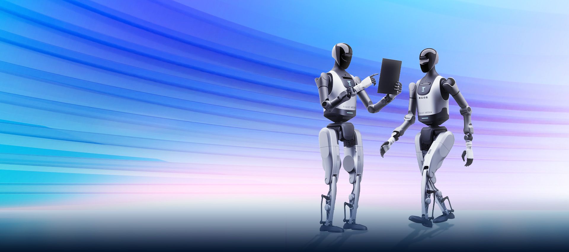 UBTECH Walker Tienkung humanoid robots, one holding a tablet and one walking, vendor product page render