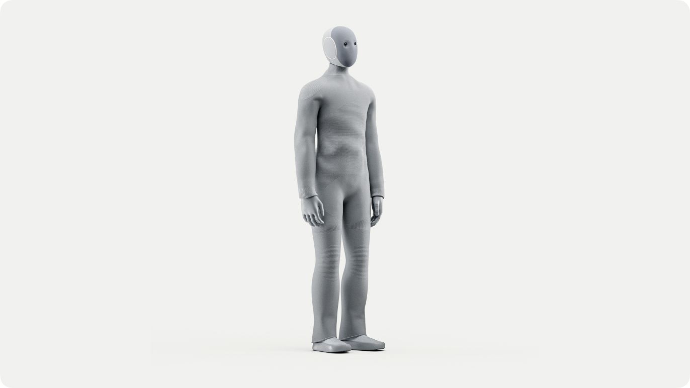 1X NEO humanoid robot standing, three-quarter view, grey knit suit, vendor render