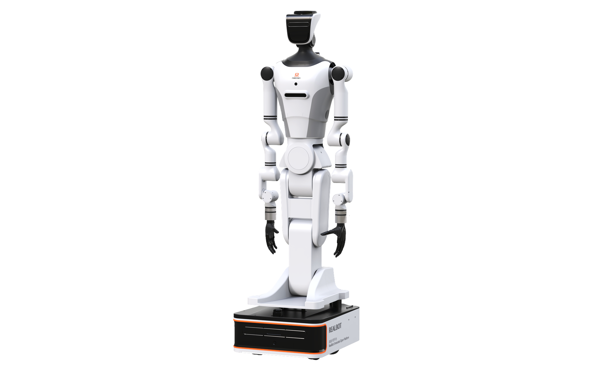 RealMan RealBot-01 wheeled humanoid robot standing, front three-quarter view, vendor render