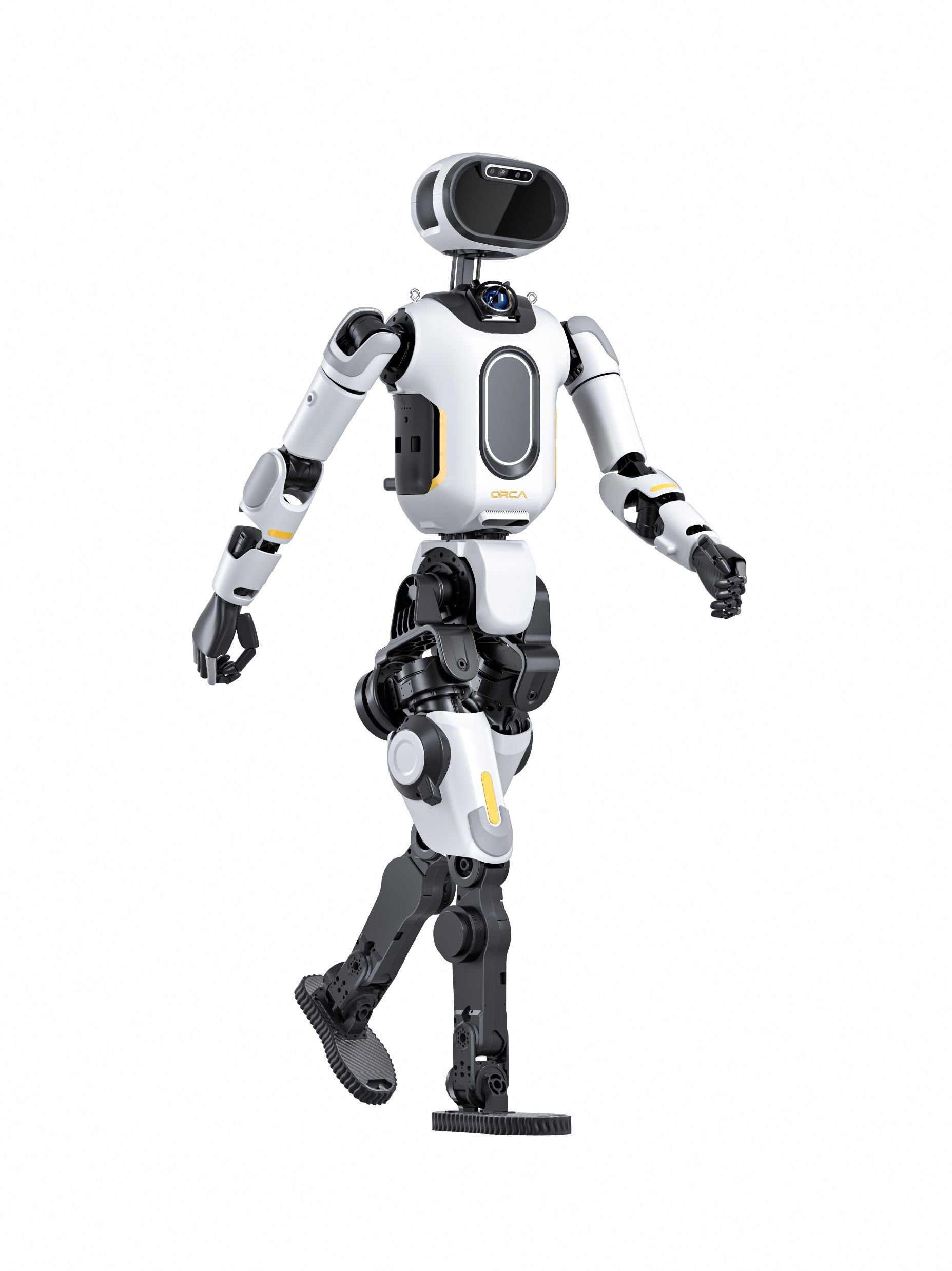 Cyan Robotics Orca I humanoid robot walking, three-quarter view, vendor render
