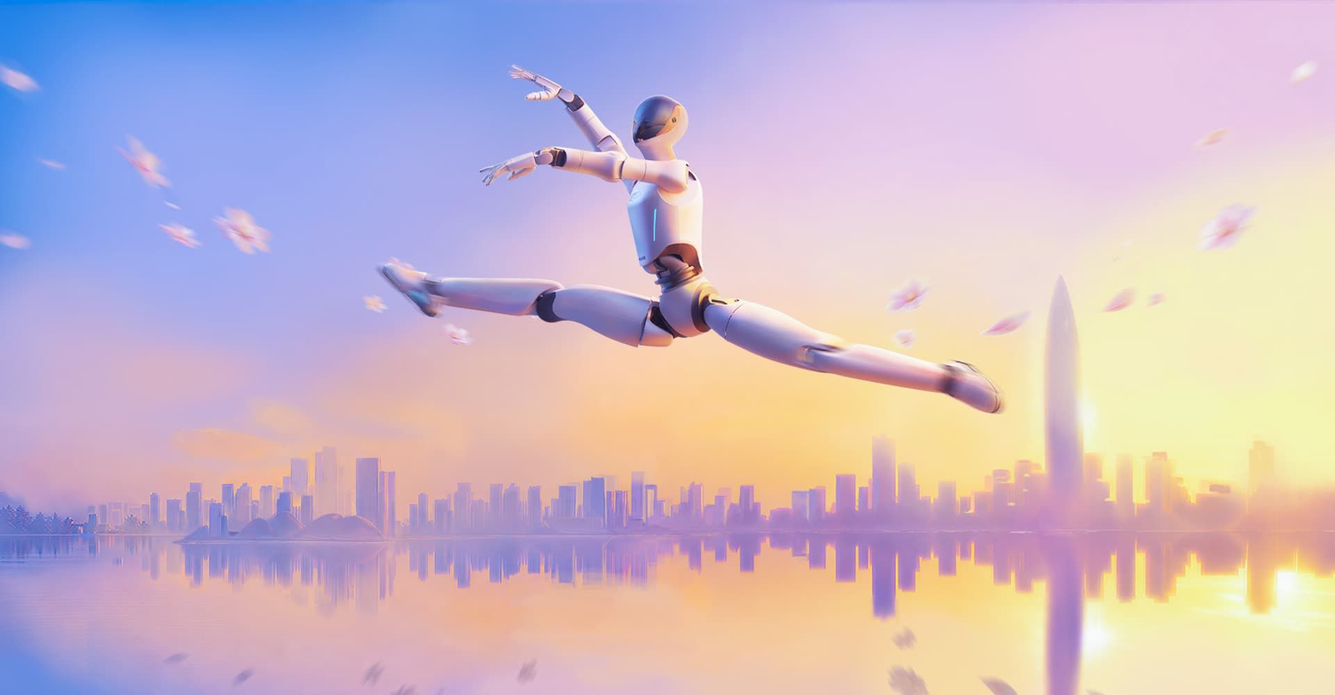 UBTECH Walker C1 humanoid robot in a mid-air split jump, side view, vendor product page render